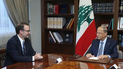 Lebanese President Michel Aoun, right, meets with David Schenker, Assistant Secretary of State for Near Eastern Affairs, at the presidential palace, in Baabda east of Beirut, September 10, 2019. AP