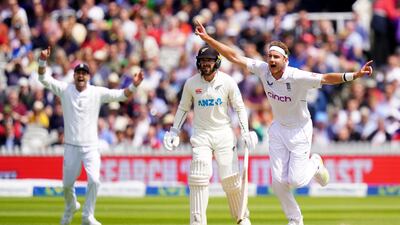 Broad celebrates the wicket of Colin de Grandhomme. PA