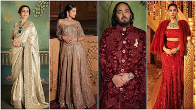 From left: Nita Ambani, Radhika Merchant, Anant Ambani and Isha Ambani in Manish Malhotra. Photo: @manishmalhotra05 / Instagram