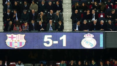 Real Madrid president Florentino Perez is seen above the scoreboard during the Barcelona vs Real Madrid football match at the Camp Nou stadium in Barcelona. Reuters
