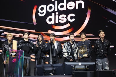 Enhypen members Heeseung, Sunghoon, Jake, Jungwon, Sunoo, Jay, and Ni-Ki at The 40th Golden Disc Awards in Taipei earlier this year. Getty Images
