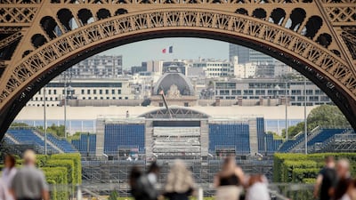 Building work at the site of the Eiffel Tower Stadium that will host beach volleyball and men's blind football during the Paris Olympics. Photo: AFP