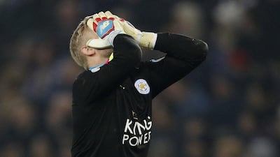Leicester City's Kasper Schmeichel looks dejected after losing to Manchester United 3-0 at home. Darren Staples / Reuters
