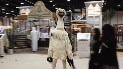 A man dressed like Houbara walks past International fund for Houbara Conservation stall. Ravindranath K / The National