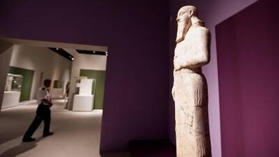 A carved statue of King Ashurnasirpal II, dating from 883-859BC, forms part of the Splendours of Mesopotamia exhibition which opened yesterday at the Manarat al Saadiyat on Saadiyat Island.