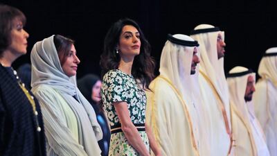 Amal Alamuddin Clooney, centre, told the IGCF in Sharjah governments must be transparent and communicate their human rights policies effectively. Kamran Jebreili / AP Photo