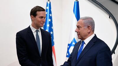 A handout photo made available by the US Embassy to Israel in Jerusalem shows the Israeli Prime Minister Benjamin Netanyahu (R) meets with US President Trump's senior adviser Jared Kushner (L) at the Prime Minister's residence in Jerusalem, Israel, 30 May 2019. EPA