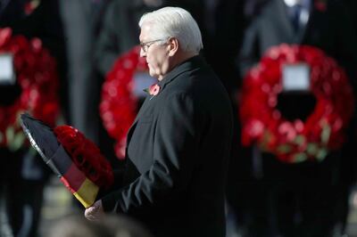 Germany's President Frank-Walter Steinmeier lays a wreath, during the remembrance service at the Cenotaph memorial in Whitehall, central London. PA