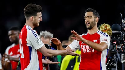 Arsenal goalscorers Declan Rice, left, and Mikel Merino celebrate at the final whistle. EPA