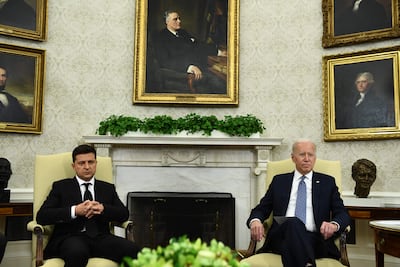 US President Joe Biden meets with Ukraine's President Volodymyr Zelensky in Washington in September. AFP