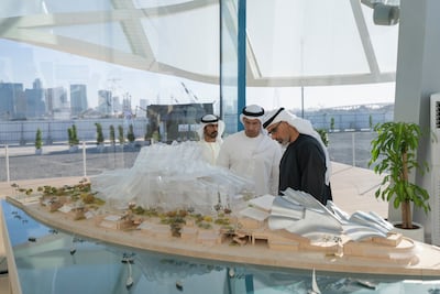 Sheikh Khaled bin Mohamed, Crown Prince of Abu Dhabi, and Mohamed Khalifa Al Mubarak, chairman of the Department of Culture and Tourism Abu Dhabi, at the launch of Dar Al Funoon Abu Dhabi. Photo: Abu Dhabi Media Office