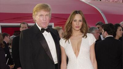 Donald Trump and Melania Knauss, in a beaded white gown, arrive for the 73rd annual Academy Awards on March 25, 2001 at the Shrine Auditorium in Los Angeles. Getty Images