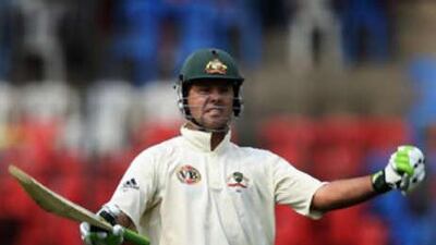 Australian cricket captain Ricky Ponting gestures as he celebrates scoring a century today.