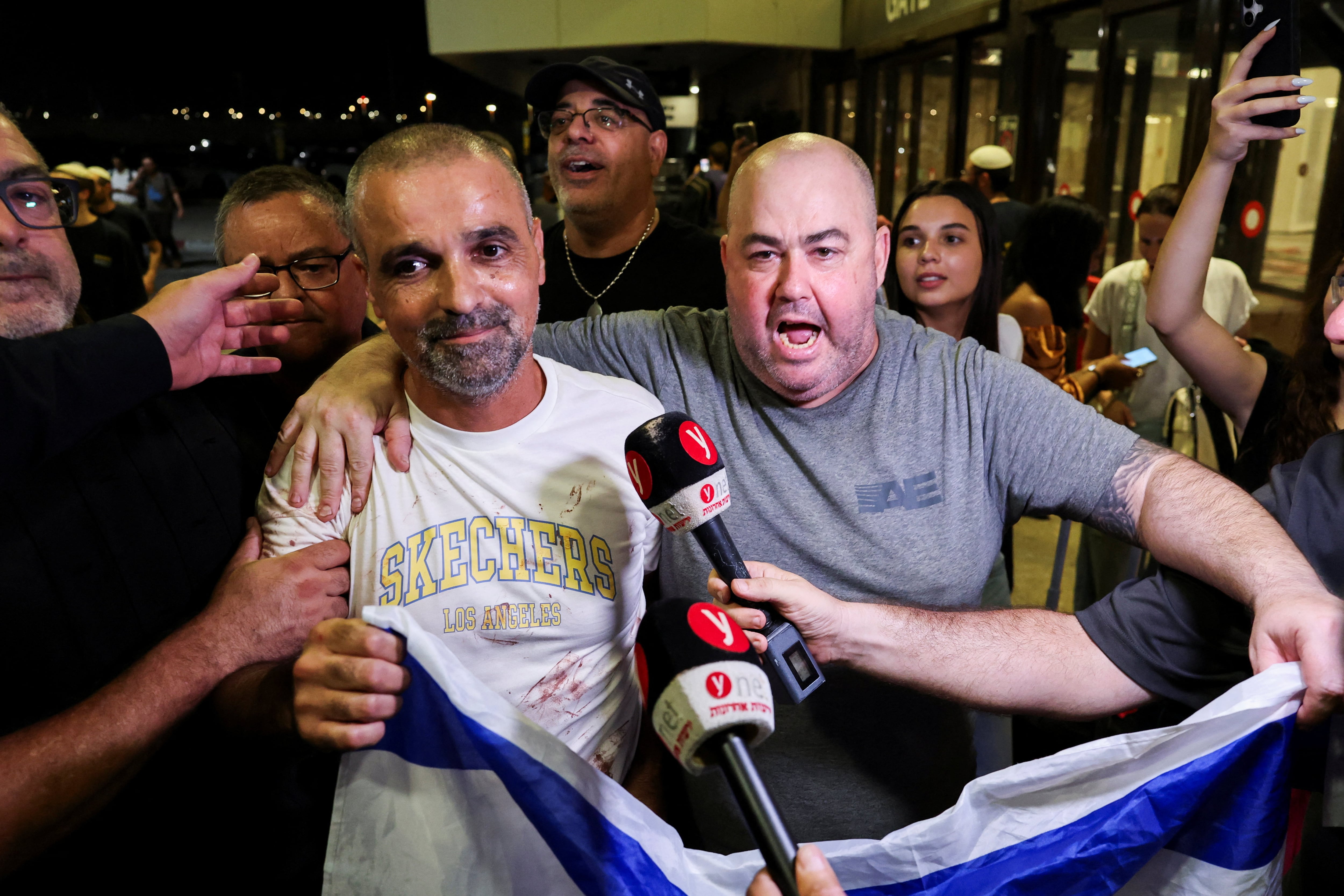 Yaniv Hayun, one of the men who helped incapacitate the attacker, at Ben Gurion Airport in Israel. Reuters