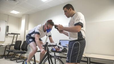 Mackenzie Cumming has his vitals recorded by Luke Vevers during a training session for the BTEC Sports Level 3 at BSAK. Vidhyaa for The National
