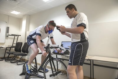 Mackenzie Cumming has his vitals recorded by Luke Vevers during a training session for the BTEC Sports Level 3 at BSAK. Vidhyaa for The National