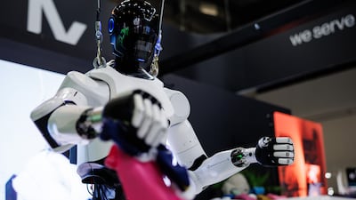 The humanoid robot 4NE1 by Neura Robotics sorts laundry during the opening day of the IFA trade fair in Berlin, Germany. EPA