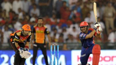 Karun Nair at the crease during his stoic innings to lead Delhi Daredevils to victory over Sunrisers Hyderabad. Noah Seelam / AFP