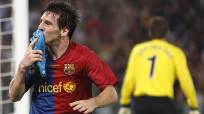 Lionel Messi celebrates after scoring for Barcelona in the 2009 Champions League final win over Manchester United. Luca Bruno / AP / May 27, 2009