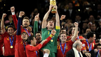 Spain goalkeeper Iker Casillas lifts the World Cup in 2010 after beating the Netherlands in South Africa. AFP