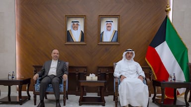 Kuwaiti Deputy Foreign Minister Hamad Al Mashaan with Iranian ambassador Mohammad Toutounji. Photo: @MOFAKuwait / X