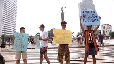 In Indonesia, there was a demonstration of men wearing skirts to try and disprove the notion that women wearing provocative outfits invite rape. Courtesy Goteborg Film Festival