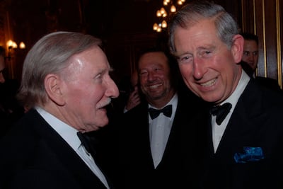 Leslie Philips with then Prince Charles at the Royal Shakespeare Company's gala fundraising dinner in 2006. AP