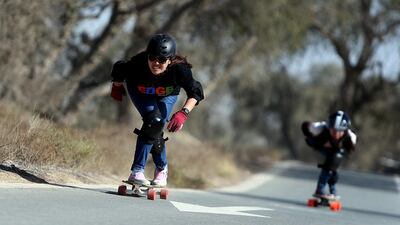 Women got to skate competitively on the downhill track at Mushrif Park in Dubai as it was the first time there was enough of them. Satish Kumar / The National