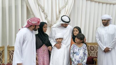 Sheikh Mohamed bin Zayed offers condolences to the family of martyr Warrant Officer Zayed Mosalam Suhail Al Amri. Mohamed Al Hammadi / Ministry of Presidential Affairs