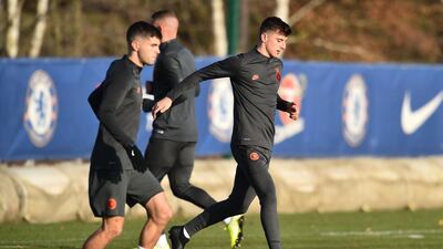 Mason Mount, right and Christian Pulisic, left, at Chelsea's Cobham training facility. AFP