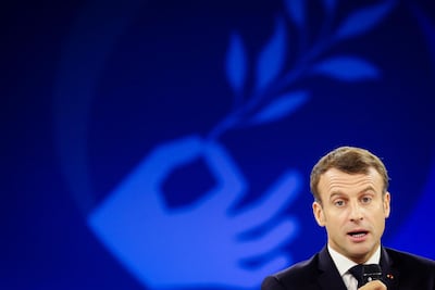 French President Emmanuel Macron at the Paris Peace Forum on November 12. Ludovic Marin/ EPA