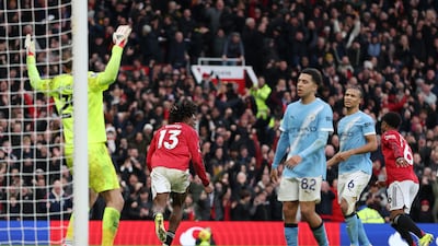 Patrick Dorgu after scoring Manchester United's second goal at Old Trafford. Getty Images