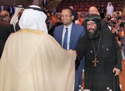 Abu Dhabi, United Arab Emirates - February 03, 2019: Sheikh Nahyan bin Mubarak Al Nahyan, Minister of Tolerance arrives at the first session at the Global Conference of Human Fraternity. Sunday the 3rd of February 2019 at Emirates Palace, Abu Dhabi. Chris Whiteoak / The National