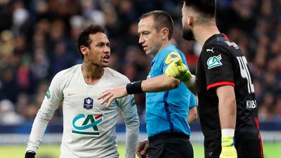 PSG's Neymar, left, seen arguing with Rennes goalkeeper Tomas Koubek, right, made his first start in three months after injury. Thibault Camus / AP Photo