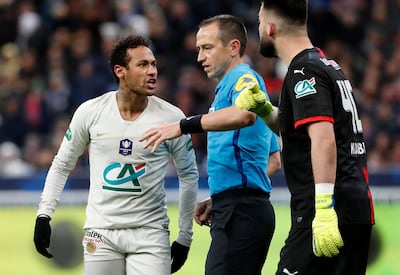 PSG's Neymar, left, seen arguing with Rennes goalkeeper Tomas Koubek, right, made his first start in three months after injury. Thibault Camus / AP Photo