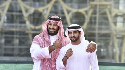 Sheikh Hamdan bin Mohammed, Crown Prince of Dubai, and Saudi Crown Prince Mohammed bin Salman visit the Expo 2020 Dubai site on Thursday. Wam