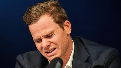 Former Australian cricket captain Steve Smith breaks down during his press conference at Sydney airport where he apologised for cheating during the Third Test against South Africa. Brendan Esposito / EPA