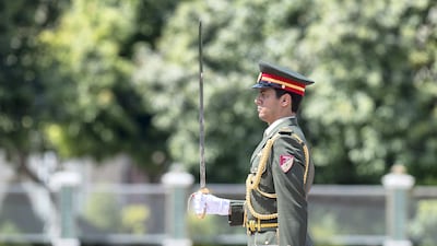 The UAE Honour Guard stand to attention during a reception for General Sir Peter Cosgrove, Governor-General of Australia at Mushrif Palace. Rashed Al Mansoori / Crown Prince Court - Abu Dhabi