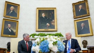 President Joe Biden, right, meets with Jordan's King Abdullah II, left, in the Oval Office of the White House in Washington.