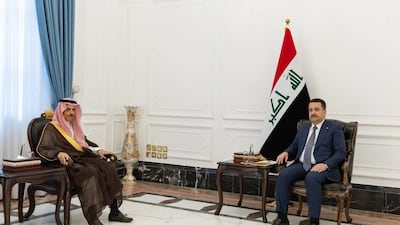 Iraqi Prime Minister Mohammed Shia Al Sudani meets Saudi Foreign Minister Prince Faisal bin Farhan in Baghdad on Monday. SPA
