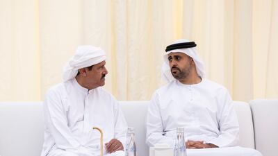 Sheikh Sultan bin Hamdan bin Mohamed, Adviser to the UAE President, speaks with Sheikh Theyab bin Mohamed bin Zayed, Abu Dhabi Executive Council member