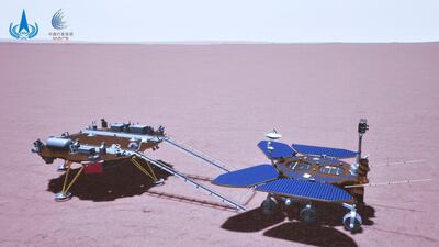 In this artist's rendering, China's Zhurong rover is depicted on the surface of Mars. CNSA via AP