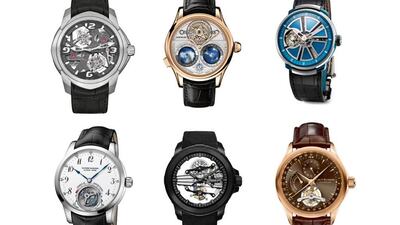 TOURBILLON - The tourbillon is essentially the complication when it comes to high-end watchmaking. Clockwise from top left: Blancpain L-evolution C Tourbillon Carrousel, Montblanc Villeret Tourbillon Cylindrique Geosphères Vasco da Gama, Fabergé Visionnaire, Carl F. Bucherer Manero Tourbillon, Raymond Weil Nabucco Cello Tourbillon and Ulysse Nardin Ulysse Anchor Tourbillon. Courtesy GPHG
