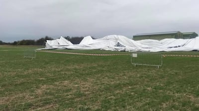 The collapsed airship Airlander 10 is seen in Bedfordshire, Britain. Rob Fletcher / via Reuters