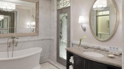The Deluxe Room bathroom at St Regis Dubai. Courtesy St Regis Dubai