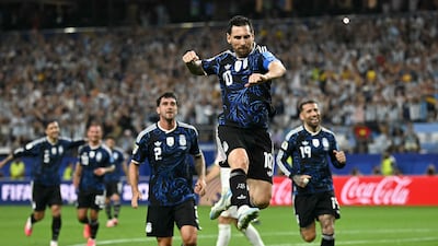 Argentina's forward #10 Lionel Messi celebrates scoring his team's third goal during the 2026 World Cup Group J football match between Jordan and Argentina at the Dallas Stadium in Arlington. AFP