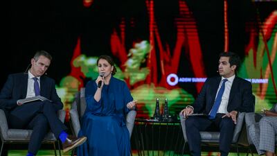 Mariam Al Mheiri, Minister of Climate Change and Environment, and Ahmed El Hoshy, chief executive of Fertiglobe, right, in a panel discussion titled A Manifesto for Food Systems at Abu Dhabi Sustainability Week in Adnec, Abu Dhabi. Khushnum Bhandari / The National