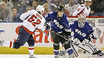 Washington Capitals defenceman Mike Green (52) fires the puck past the Lightning's Matt Smaby and goaltender Karri Ramo.