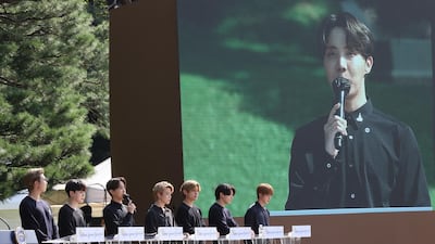 South Korean K-Pop group BTS member J-Hope speaks during a ceremony marking the National Youth Day. Yonhap via AP