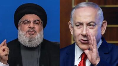 Benjamin Netanyahu, right, has toldHassan Nasrallah, left, to calm down after the Hezbollah leader warned Israel of an imminent response to two Israeli drones that crashed in Beirut Photo composite: EPA / AP Photo
